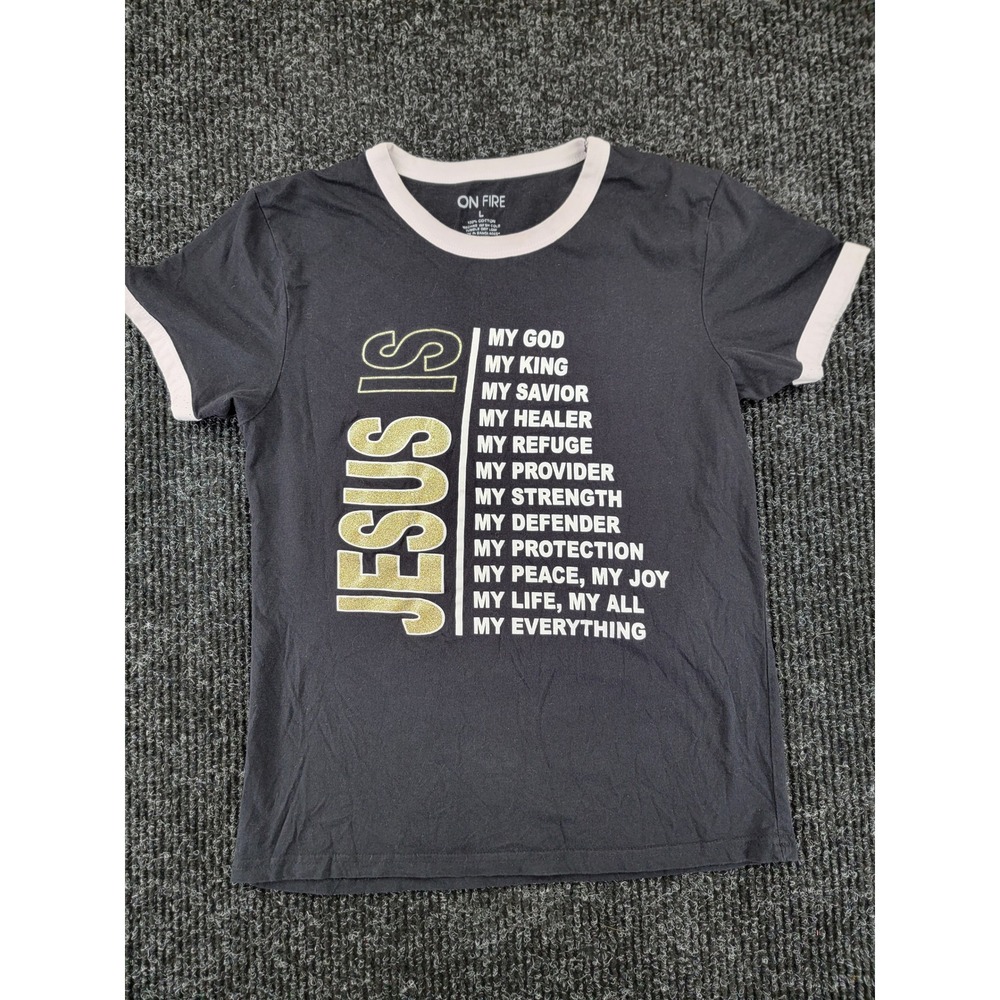 On Fire Jesus Is Christian Ringer Tee Black Gold Glitter Graphic‎ T-Shirt Large